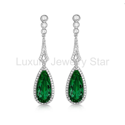 Halo Pear-Cut Lab-Created Emerald Sterling Silver Drop Earrings