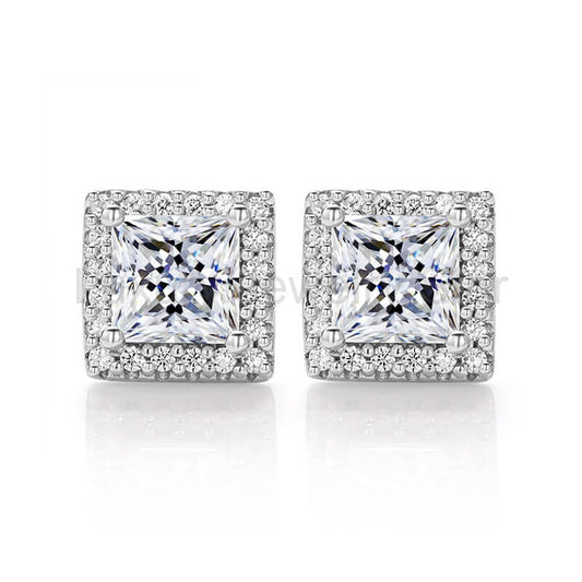 Halo Princess Cut Moissanite Stud Earrings In Sterling Silver