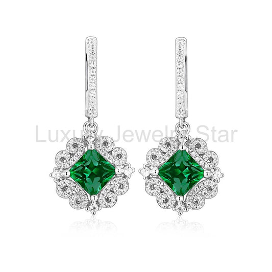 Halo Princess-Cut Lab-Created Emerald Sterling Silver Drop Earrings