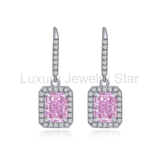 Halo Radiant Lab Sapphire Sterling Silver Drop Earrings