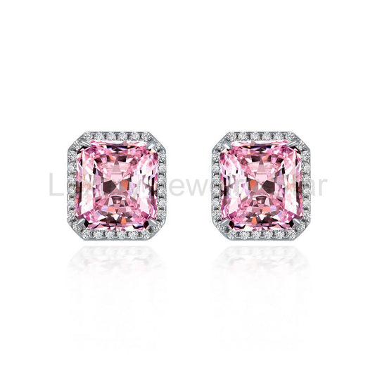 Halo Radiant-Cut Lab-Sapphire Sterling Silver Stud Earrings
