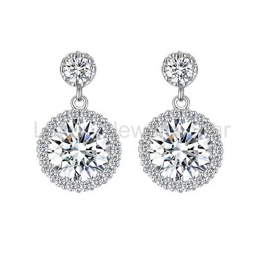 Halo Round Moissanite Drop Earrings In Sterling Silver