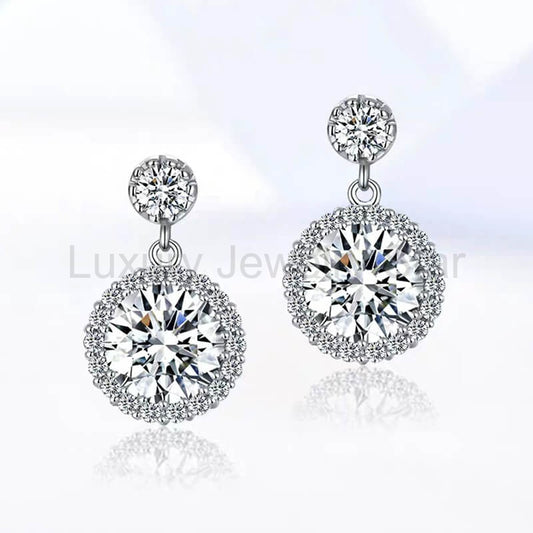 Halo Round Moissanite Drop Earrings In Sterling Silver - image 2