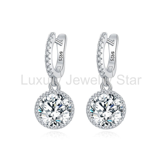 Halo Round Moissanite Hoop Drop Earrings In Sterling Silver