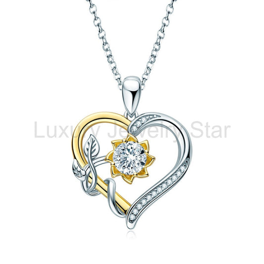 Heart Moissanite Flower Vine Two Tone Necklace in Sterling Silver