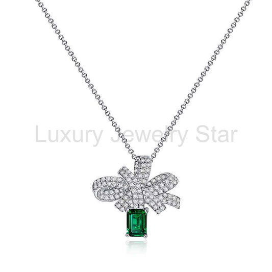 Lab Emerald Bow Sterling Silver Necklace Pendant