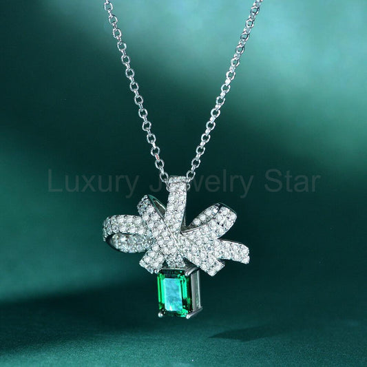 Lab Emerald Bow Sterling Silver Necklace Pendant - image 2