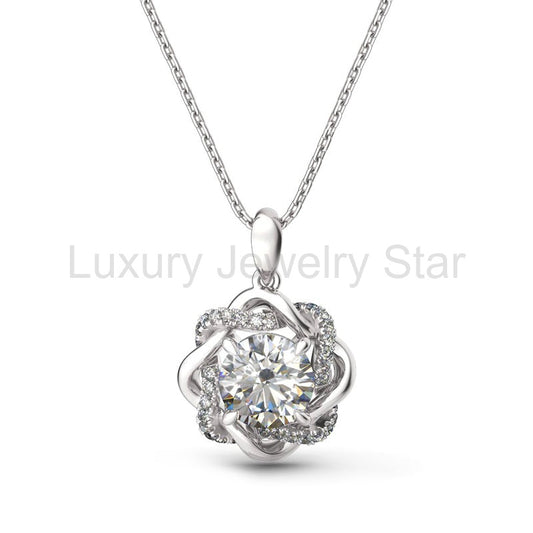 Love Knot Round Moissanite Necklace in Sterling Silver