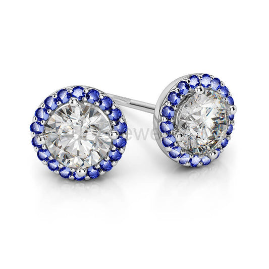 Moissanite And Sapphire Halo Stud Earrings In Sterling Silver