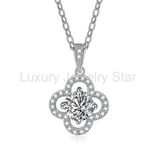 Moissanite Four Leaf Clover Pave Charm Necklace in Sterling Silver