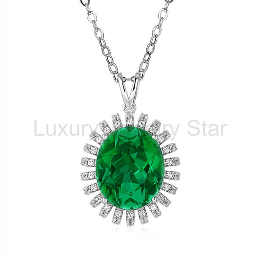 Oval Lab-Created Emerald Flower Sterling Silver Necklace