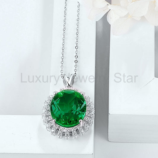 Oval Lab-Created Emerald Flower Sterling Silver Necklace - image 2