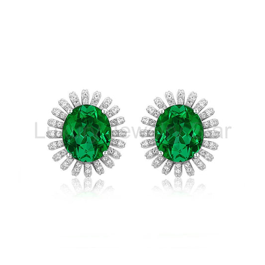 Oval Lab-Created Emerald Flower Sterling Silver Stud Earrings
