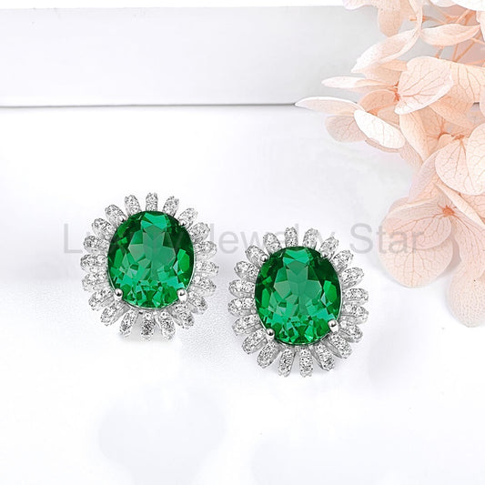 Oval Lab-Created Emerald Flower Sterling Silver Stud Earrings - image 2
