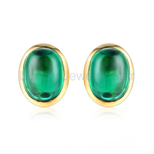 Oval-Shaped Lab-Created Emerald Bezel Sterling Silver Stud Earrings