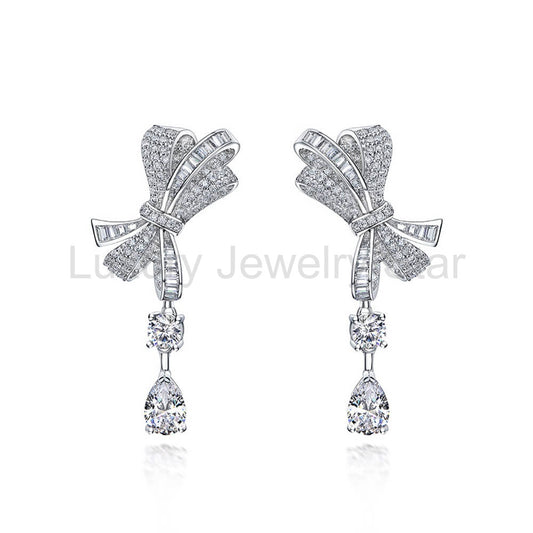 Pear Lab-Sapphire Bow Sterling Silver Drop Earrings