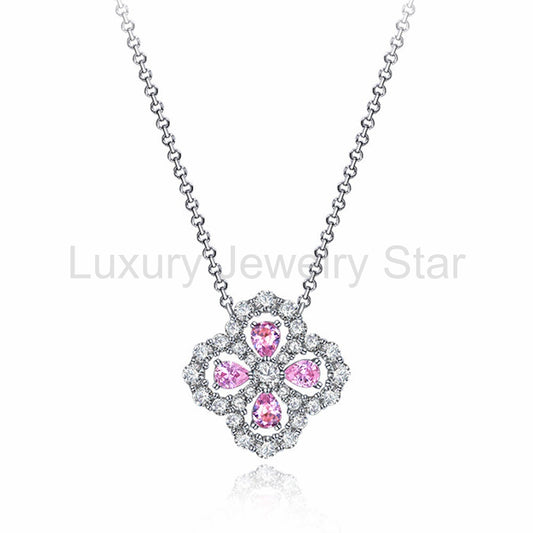 Pear Lab-Sapphire Four Leaf Clover Sterling Silver Necklace
