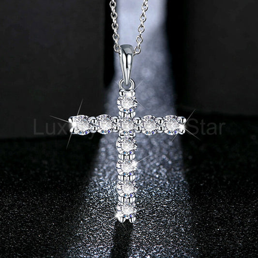 Round Moissanite Cross Pendant Necklace in Sterling Silver - image 2