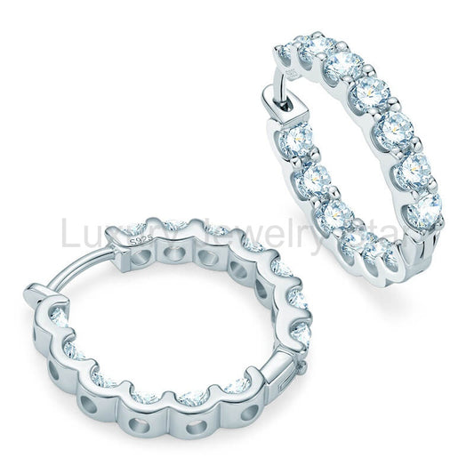 Round Moissanite Hoop Pave Sterling Silver Earrings - image 2
