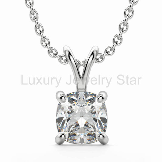 Solitaire Cushion Moissanite Basket Set Pendant Necklace in Sterling Silver