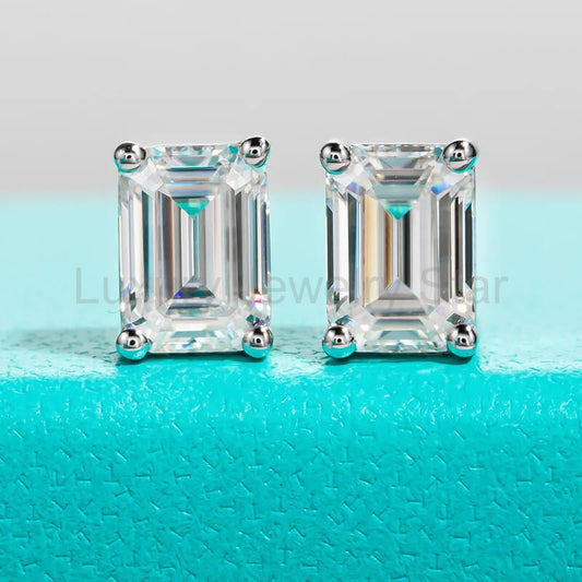 Solitaire Emerald Cut Moissanite Stud Earrings In Sterling Silver - image 2