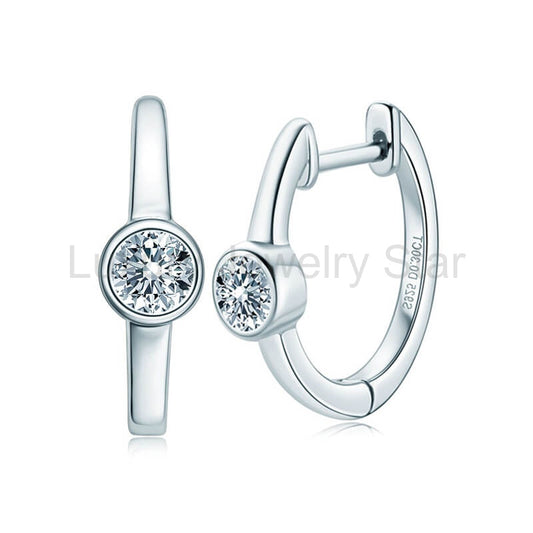 Solitaire Huggie Bezel Moissanite Hoop Earrings In Sterling Silver
