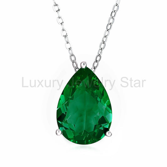 Solitaire Pear Lab-Created Emerald Sterling Silver Necklace