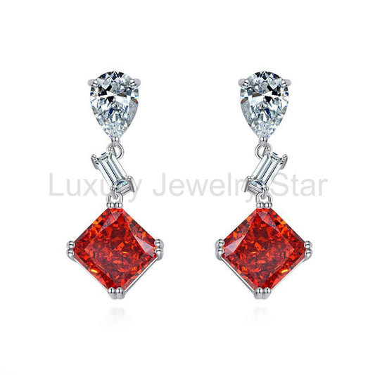 Solitaire Princess-Cut Lab-Sapphire Sterling Silver Drop Earrings