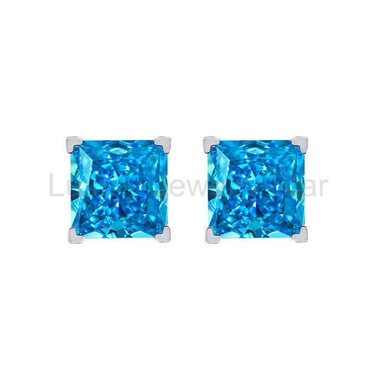 Solitaire Princess-Cut Lab-Sapphire Sterling Silver Stud Earrings