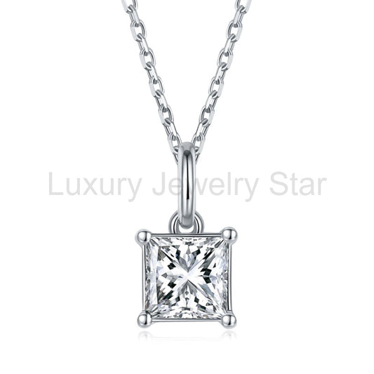 Solitaire Princess-Cut Moissanite Sterling Silver Necklace Pendant