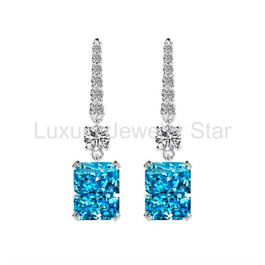 Solitaire Radiant-Cut Lab-Sapphire Sterling Silver Drop Earrings