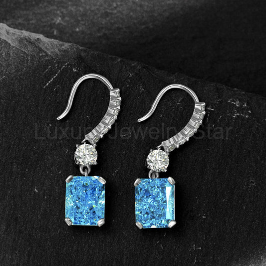 Solitaire Radiant-Cut Lab-Sapphire Sterling Silver Drop Earrings - image 2