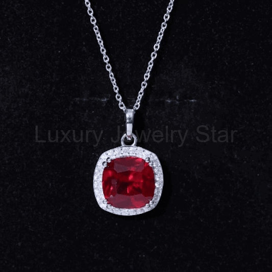4 Carat Cushion Cut Lab Grown Ruby and Moissanite Halo Pendant Necklace