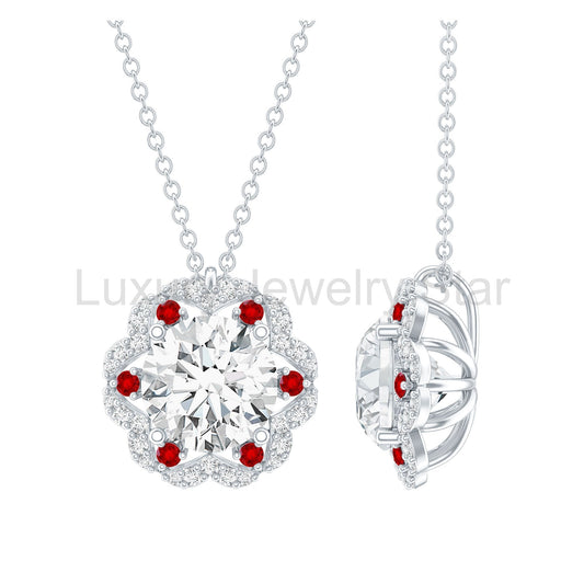 Certified 2 Carat Moissanite Statement Necklace with Lab Ruby