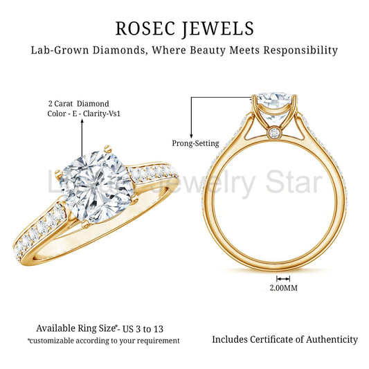 Cushion Cut 2 Carat Lab Grown Diamond Side Stone Engagement Ring IGI Certified - image 2