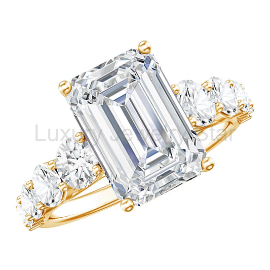 Emerald Cut 4 Carat Lab Grown Diamond Side Stone Engagement Ring with IGI Certificate