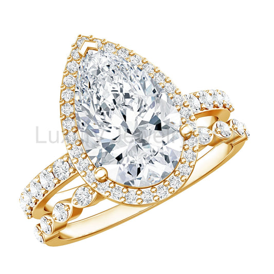 IGI Certified 3 Carat Lab Grown Diamond Teardrop Wedding Ring Set with Halo