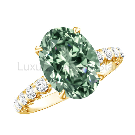 IGI Certified 3 Carat Oval Shape Lab Grown Green Diamond Engagement Ring