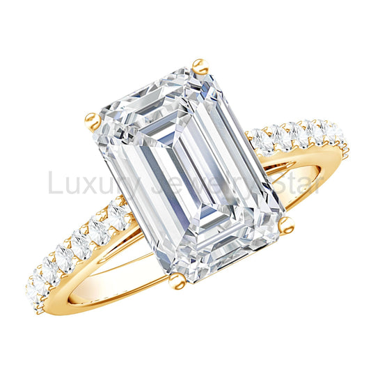 IGI Certified 4 Carat Emerald Cut Lab Grown Diamond Engagement Ring with Hidden Halo