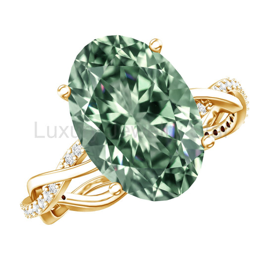 IGI Certified 4 Carat Huge Oval Lab Grown Green Diamond Braided Engagement Ring