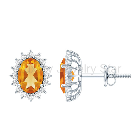 Oval Shaped 2.2 Carat Citrine Stud Earrings with Halo