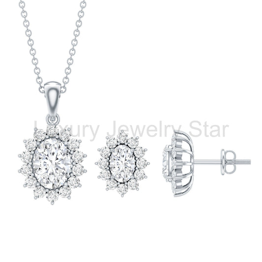 Oval Shaped Cubic Zirconia Halo Pendant and Earrings Set