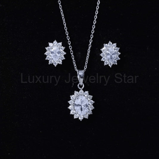 Oval Shaped Cubic Zirconia Halo Pendant and Earrings Set