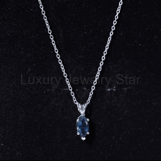 Real 0.7 Carat Marquise London Blue Topaz Necklace with Silver Chain
