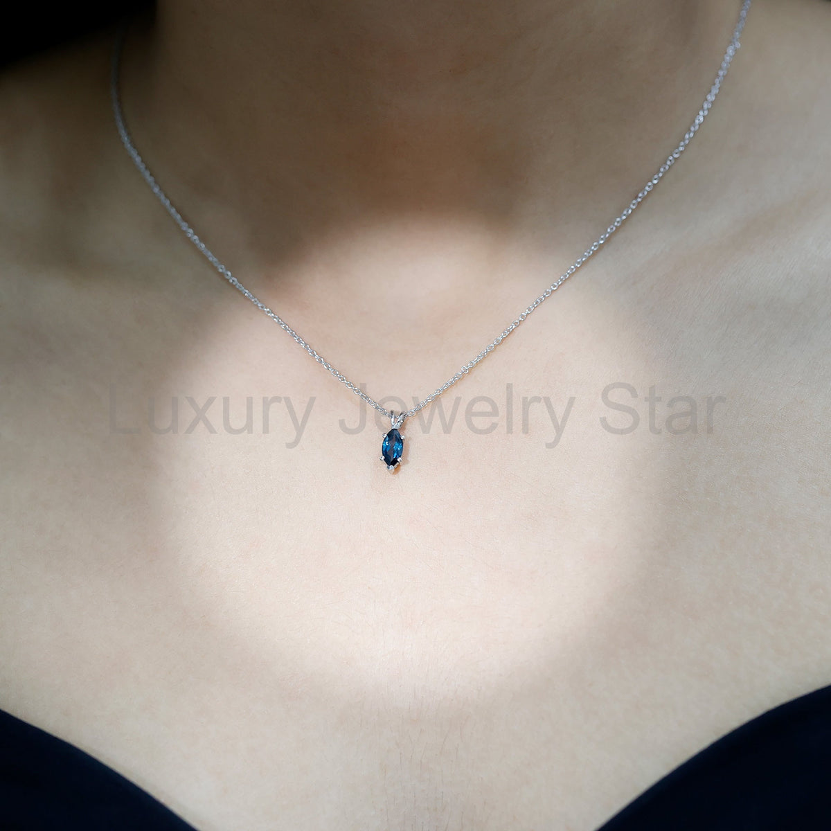 Real 0.7 Carat Marquise London Blue Topaz Necklace with Silver Chain - image 4