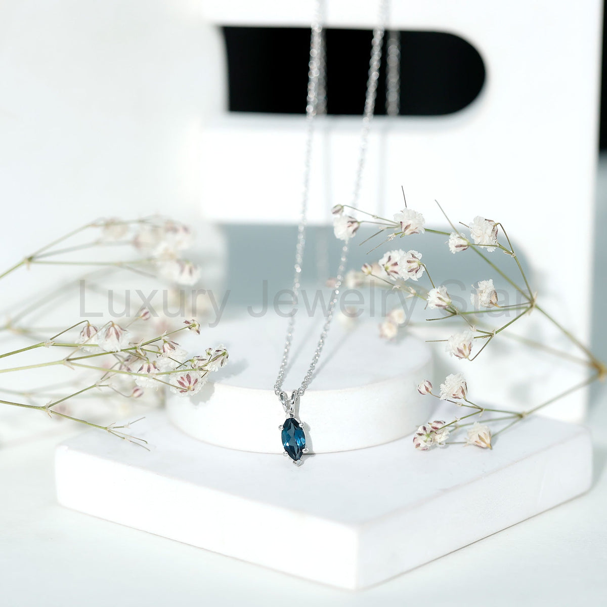 Real 0.7 Carat Marquise London Blue Topaz Necklace with Silver Chain - image 5
