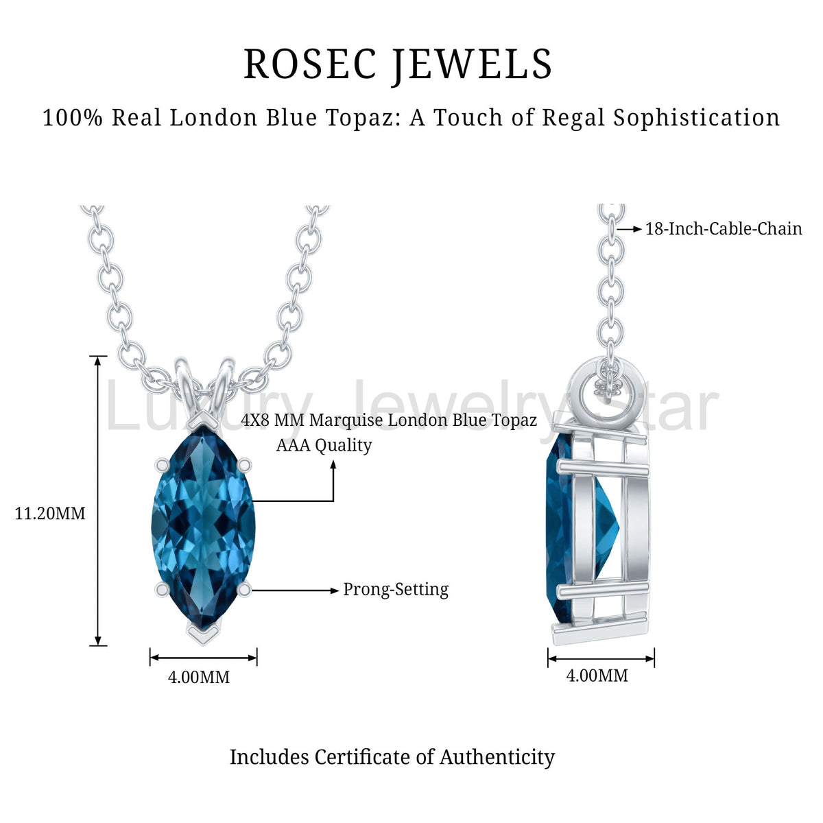 Real 0.7 Carat Marquise London Blue Topaz Necklace with Silver Chain - image 7