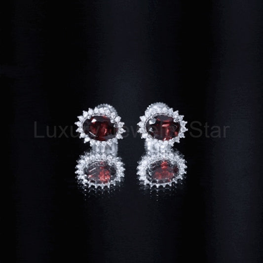 Sterling Silver 3 Carat Oval Garnet Stud Earrings with Moissanite Halo - image 2