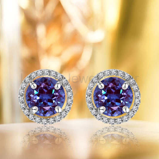 1.25 Carat Round Cut Alexandrite June Birthstone Halo Stud Earrings - image 2