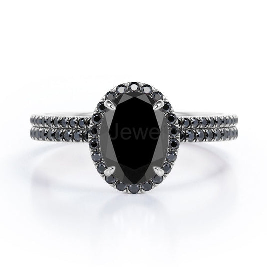 1.7 ct Ovate Lab Black Diamond Halo Wedding Ring Set